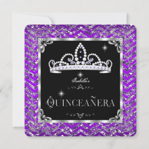 Convite Tiara de Diamante Prata Preto Roxo Quinceanera