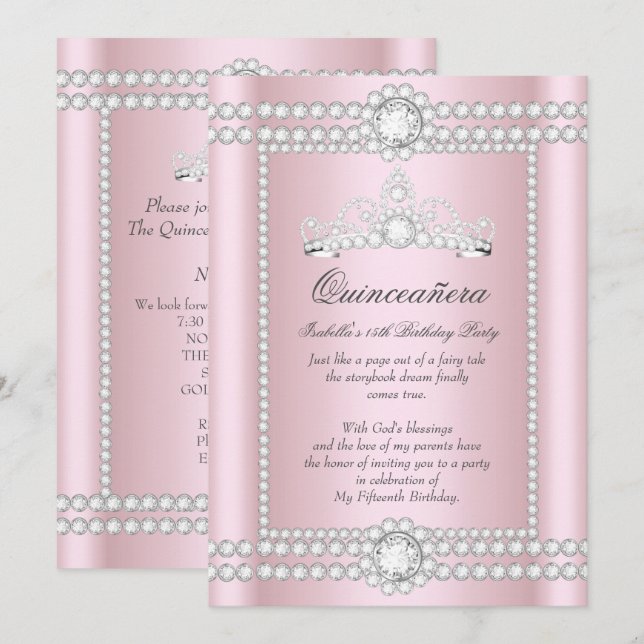 Convite Tiara de Diamante Prata Rosa para Princesa Quincea (Frente/Verso)