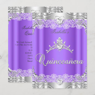 Convite Tiara de Diamante Prata Roxo Quinceanera Festa de 
