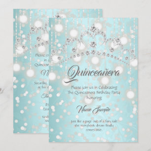 Convite Tiara de Diamante Prata Teal Bonita Quinceanera