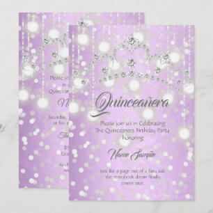Convite Tiara de Diamante Prateado Roxo Bonito Quinceanera
