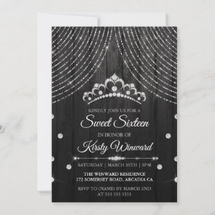 Convite Tiara de Diamante Preto Prata Sweet 16