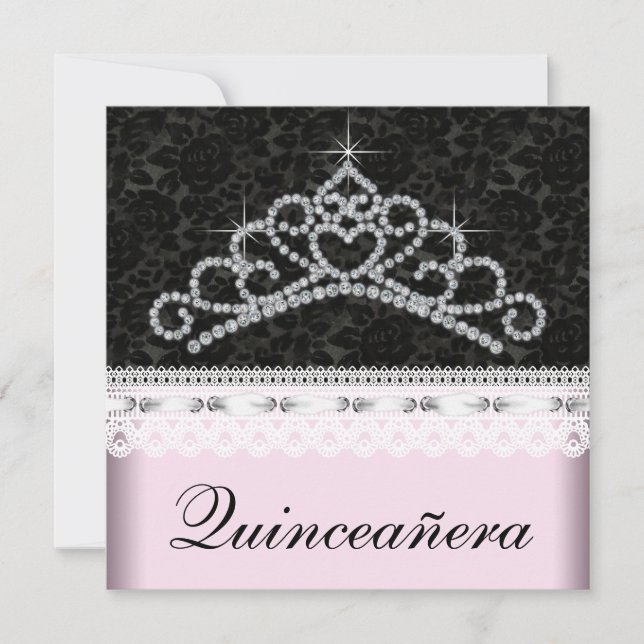 Convite Tiara de Diamante Rosa Preto Sweet 15 Quinceanera (Frente)