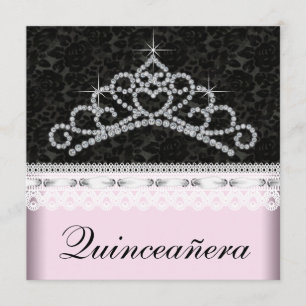 Convite Tiara de Diamante Rosa Preto Sweet 15 Quinceanera