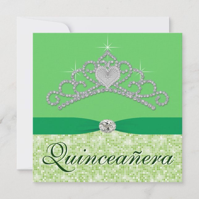 Convite Tiara de Diamante Verde Lima Quincenera Verde (Frente)