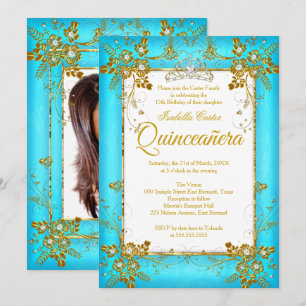 Convite Tiara de Diamantes Dourada Azul Teal para Fotos de