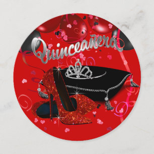 Convite Tiara de Diamantes Vermelha e Preta Quinceanera