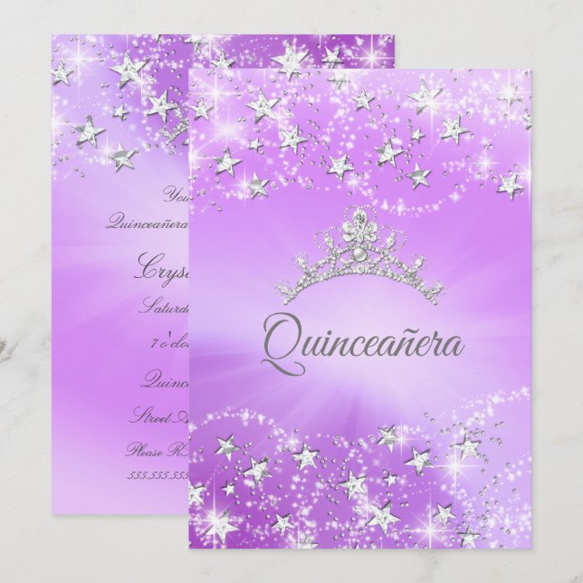 Convite Tiara de Estrelas com Brilho Roxo Prata Quinceaner (Frente/Verso)