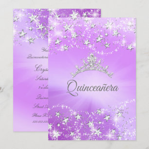 Convite Tiara de Estrelas com Brilho Roxo Prata Quinceaner