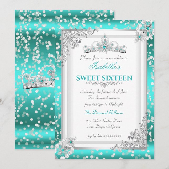 Convite Tiara de Floco de Neve Prata Azul Turquesa Sweet 1 (Frente/Verso)