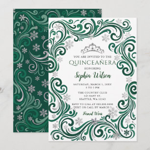 Convite Tiara de Flocos de Neve Verde Prata Quinceañera