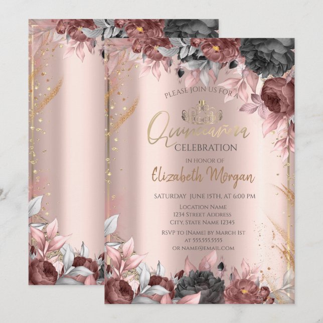 Convite Tiara de Flores Chic, Diamantes Rosa Dourado Quinc (Frente/Verso)