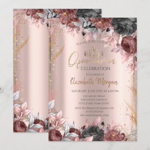 Convite Tiara de Flores Chic, Diamantes Rosa Dourado Quinc