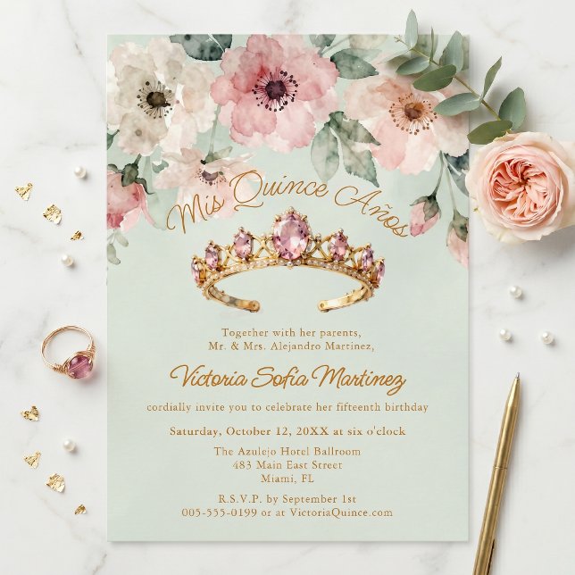 Convite Tiara de Flores Rosa Aquarela Dourada Quinceañera (Criador carregado)