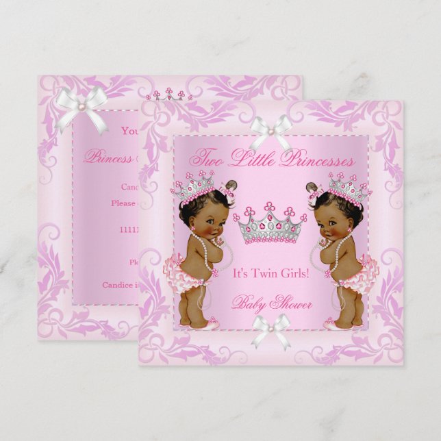 Convite Tiara de Gêmeas Princesa Pérolas Rosa Etnico (Frente/Verso)