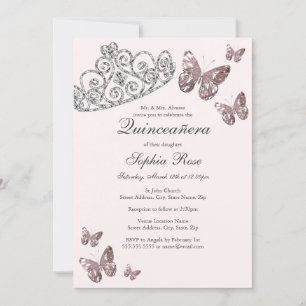Convite Tiara de Joia Rosa Bege Borboleta Quinceanera