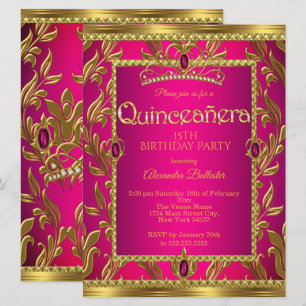 Convite Tiara de Joias Rosa Quente Aniversário de Quincean