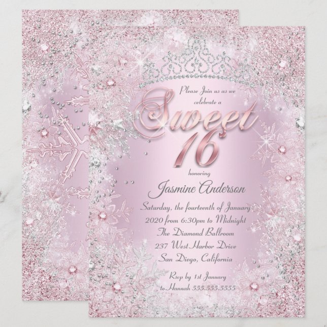 Convite Tiara de Natal Rosa Prata Sweet 16 (Frente/Verso)