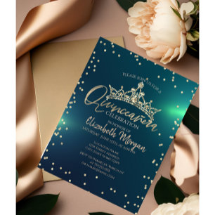 Convite Tiara de Ouro Chic, Diamantes Quinceañera Verde