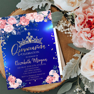 Convite Tiara de Ouro Diamantes Rosas Azul Quinceañera