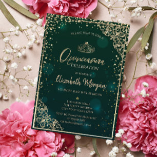Convite Tiara de Ouro Verde Chic, Diamantes Quinceañera