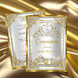 Convite Tiara de Pérola Dourada Branca carruagem de Quince