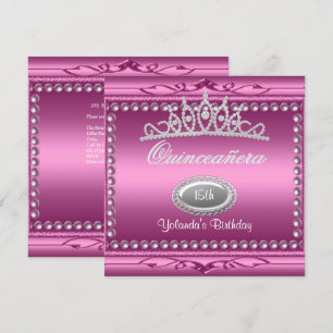 Convite Tiara de Pérola Rosa Quinceanera para Aniversário