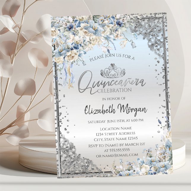 Convite Tiara de Prata, Diamantes Flores Azuis Quinceañera (Criador carregado)