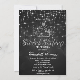 Convite Tiara de Prata Estrelas Princesa Preto Sweet 16