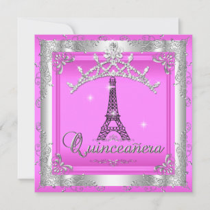 Convite Tiara de prata para Quinceanera rosa, Torre Eiffel