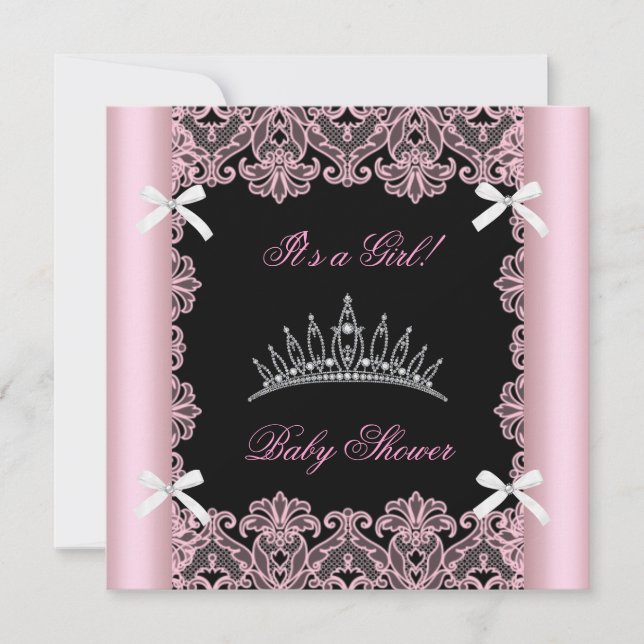 Convite Tiara de Princesa Menina Chuveiro de Bebê Rosa com (Frente)