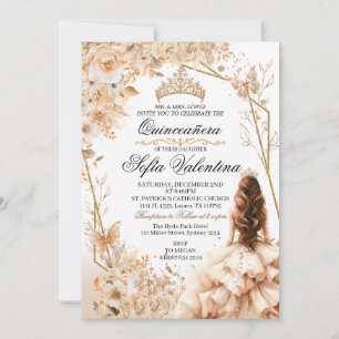 Convite Tiara de Princesa Menina Quinceañera Bege e Dourad