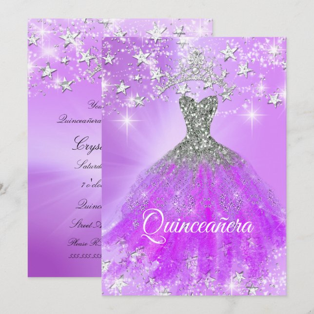 Convite Tiara de Purpurina Roxa para Festa de Quinceanera  (Frente/Verso)