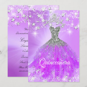 Convite Tiara de Purpurina Roxa para Festa de Quinceanera 