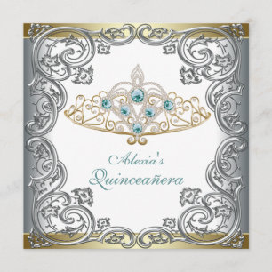Convite Tiara de Quinceanera Dourada Prata Azul-Tilácia