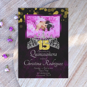 Convite Tiara de Quinceanera Preta, Dourada, Violeta Convi
