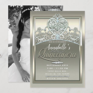 Convite Tiara de Quinceañera Princesa Marfim Platina Coraç