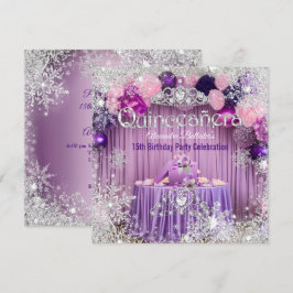 Convite Tiara de Quinceanera Roxo Rosa Prata Floco de Neve