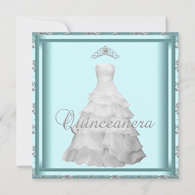 Convite Tiara de vestido de festa azul-turquesa branco Qui (Frente)