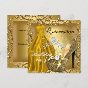 Convite Tiara de vestido de festa de 15 anos dourada para