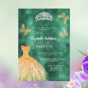 Convite Tiara de vestido de ouro verde esmeralda luxuoso S