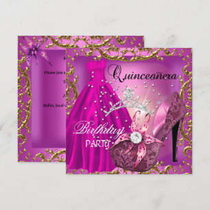 Convite Tiara de vestido dourado para festa de 15 anos da