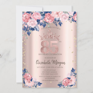 Convite Tiara Diamantes Rosas Azuis Ouro Rosa Aniversário 