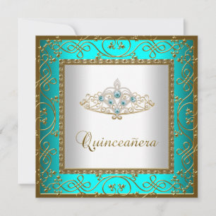 Convite Tiara Dourada Azul Turquesa Quinceanera