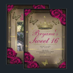 Convite Tiara Dourada Borboletas Rosas Magenta Sweet 16<br><div class="desc">Personalize da maneira que quiser.

Substitua a foto na parte de trás com a sua própria foto ou remova a foto completamente.</div>