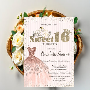 Convite Tiara Dourada,Confete,Vestido,Fundo Listrado Sweet