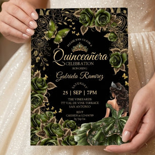 Convite Tiara Dourada de Preto e Esmeralda Verde Quinceañe