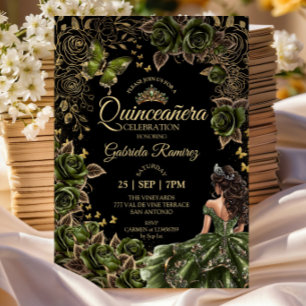 Convite Tiara Dourada de Preto e Esmeralda Verde Quinceañe