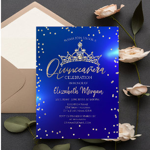 Convite Tiara Dourada Diamantes Azul Quinceañera