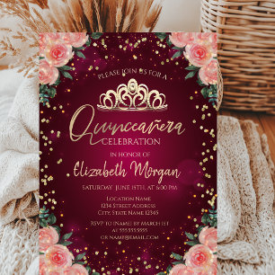 Convite Tiara Dourada, Diamantes Floral Burgundy Quinceañe